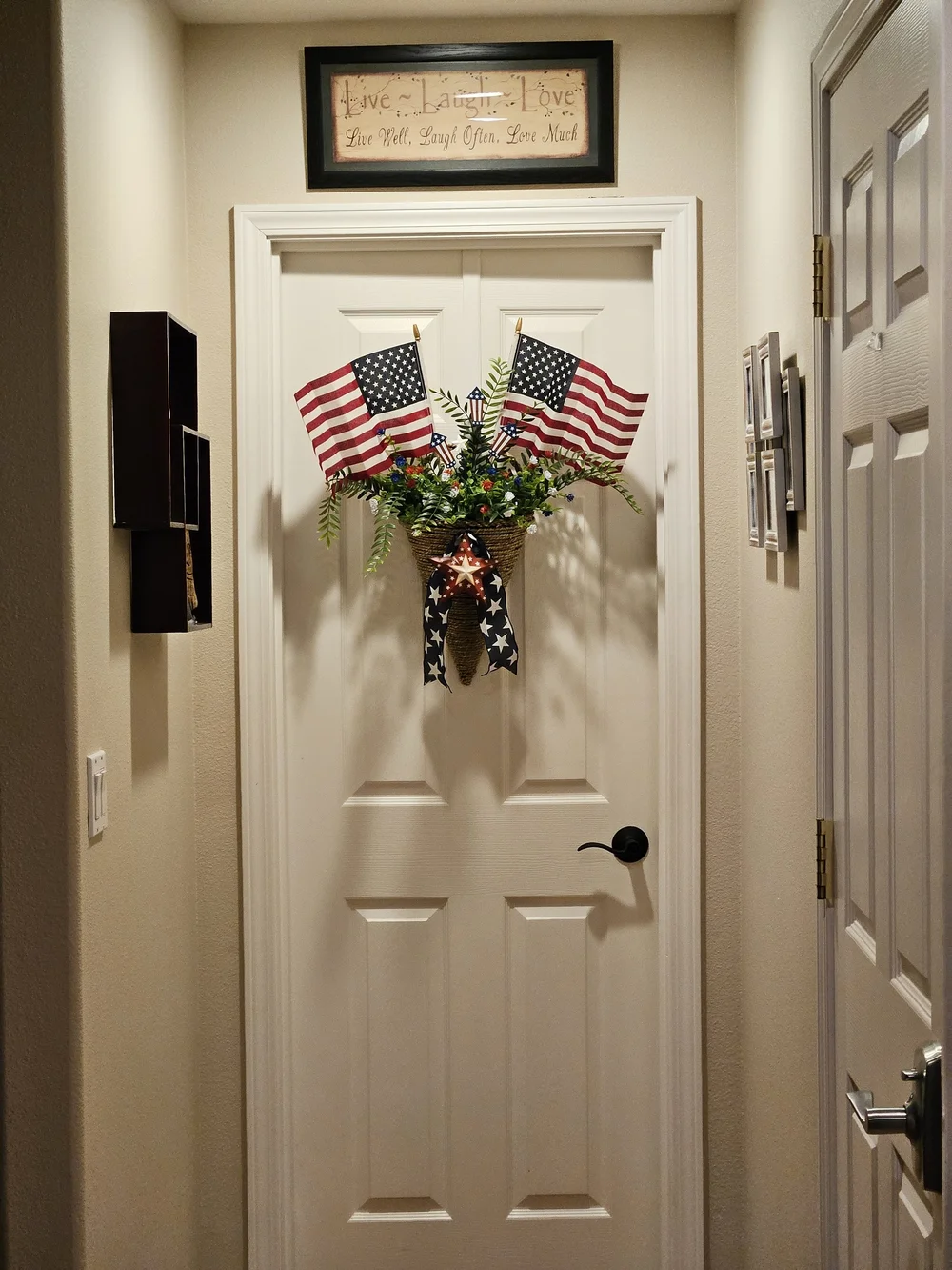Patriotic American Flag Door Basket Wreath with Stars and Ribbon
